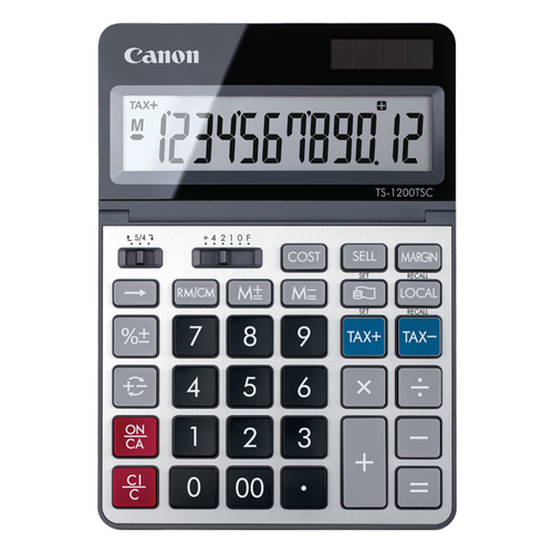 Canon TS-1200TSC Calculadora de Sobremesa con Pantalla LCD Ajustable de 12 Digitos - Realiza Calculos de Costos, Precios de Venta y Margenes de Ganancia - Alimentacion Solar y Pilas - Color Negro/Plata