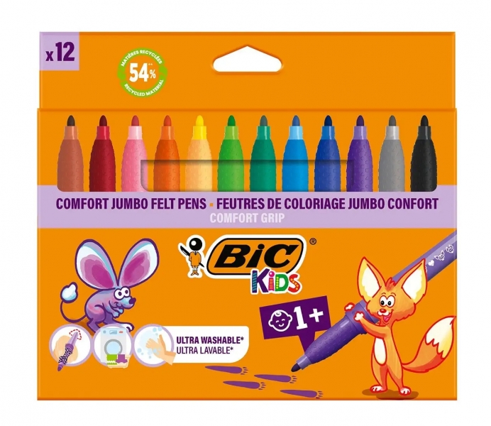 BIC Kids Comfort Jumbo Pack de 12 Rotuladores con Tinta Lavable - Facil de Limpiar - Agarre Antideslizante - Colores Surtidos