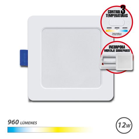 Elbat Downlight Cuadrado 12W - 960Lm - Selector 3 Temperaturas+Sobrepared - Color Blanco