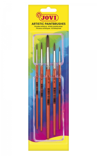 Jovi Artistic Paintbrushes Blister con 5 Pinceles Redondos - Pelo Natural - Mango de Madera - Calibre 00 al 12 - Punta Redonda - Pelo Suave - Color Varios