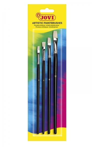 Jovi Artistic Paintbrushes Blister con 4 Pinceles Planos - Pelo Natural - Mango de Madera - Punta Plana - Pelo Duro - Color Negro