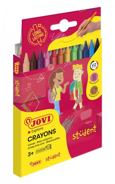 Jovi Crayons Student Estuche de 12 Ceras Plasticas - Resistentes - No Manchan - Agradables de Rayar - Acabado Brillante - Gran Duracion - Colores Mezclables - Color Surtido