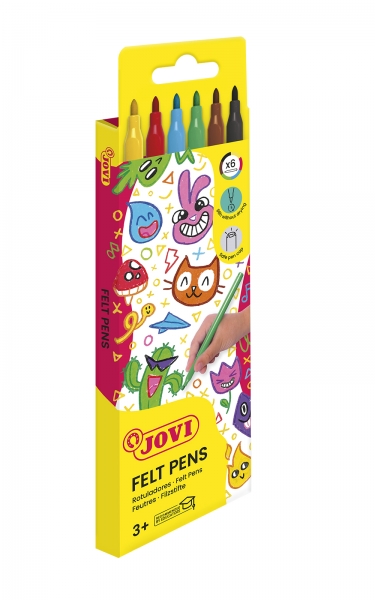 Jovi Felt Pens Estuche de 6 Rotuladores - Tinta de Gran Fijacion - Punta de 3mm - Capuchon de Seguridad Ventilado - Grip Triangular Ergonomico - Trazo Homogeneo E Intenso - Color Surtido