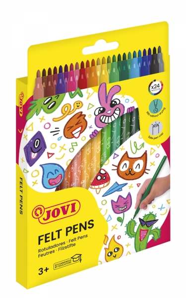 Jovi Felt Pens Estuche de 24 Rotuladores - Amplia Variedad de Tonos - Tinta de Gran Fijacion - Punta de 3mm - Capuchon de Seguridad Ventilado - Grip Triangular Ergonomico - Color Surtido