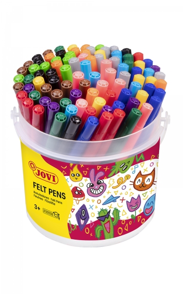 Jovi Felt Pens Bote de 96 Rotuladores - Amplia Variedad de Tonos - Tinta de Gran Fijacion - Punta Resistente - Capuchon Ventilado - Grip Triangular Ergonomico - Colores Surtidos