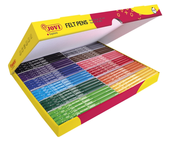 Jovi Felt Pens Caja de 144 Rotuladores - Punta Resistente - Capuchon Ventilado - Grip Triangular Ergonomico - Tinta de Gran Fijacion - Ideal para Colegios - Colores Surtidos