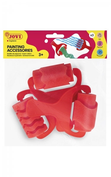 Jovi Bolsa Colgable con 3 Rodillos Espuma Grandes Estampados Diversos - Mango Resistente - Ideal para Tempera, Pintura de Dedos y Acrilica - Facil Limpieza - Color Rojo