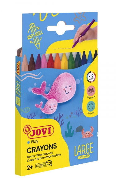 Jovi Large Easy Grip Pack de 12 Ceras Plasticas Hexagonales - Facil de Sacar Punta - No Mancha - Ideal para Manos Pequeñas - Colores Surtidos