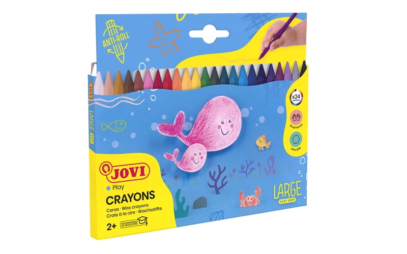 Jovi Large Easy Grip Pack de 24 Ceras Plasticas Hexagonales - Facil de Sacar Punta - No Mancha - Ideal para Manos Pequeñas - Colores Surtidos