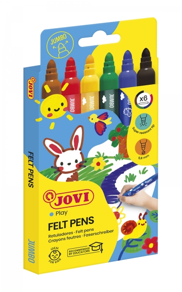 Jovi Felt Pens Estuche de 6 Rotuladores Jumbo - Tinta de Gran Fijacion - Punta Resistente - Grip Ergonomico - Capuchon Ventilado - Trazo Homogeneo - Color Surtido