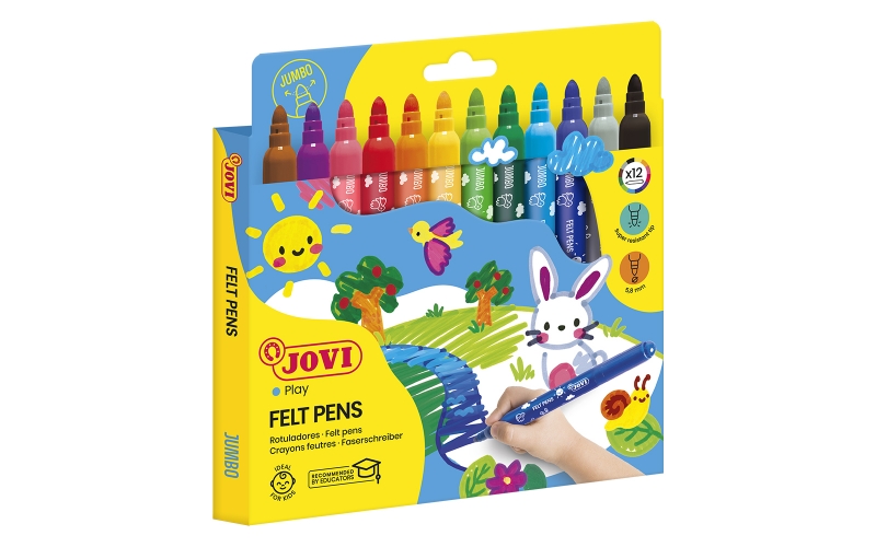 Jovi Felt Pens Estuche de 12 Rotuladores Jumbo - Tinta de Gran Fijacion - Punta de 3mm - Capuchon de Seguridad Ventilado - Grip Triangular Ergonomico - Trazo Homogeneo E Intenso - Color Surtido