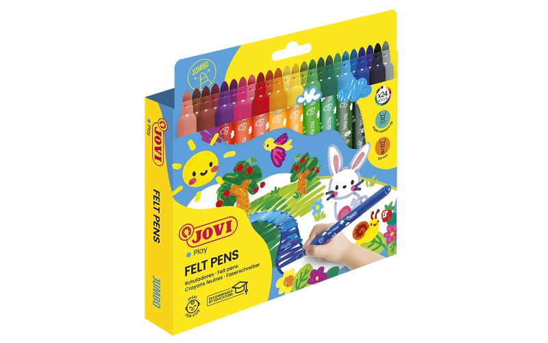 Jovi Felt Pens Estuche de 24 Rotuladores Jumbo - Amplia Variedad de Tonos - Tinta de Gran Fijacion - Punta de 3mm - Capuchon de Seguridad Ventilado - Grip Triangular Ergonomico - Color Surtido