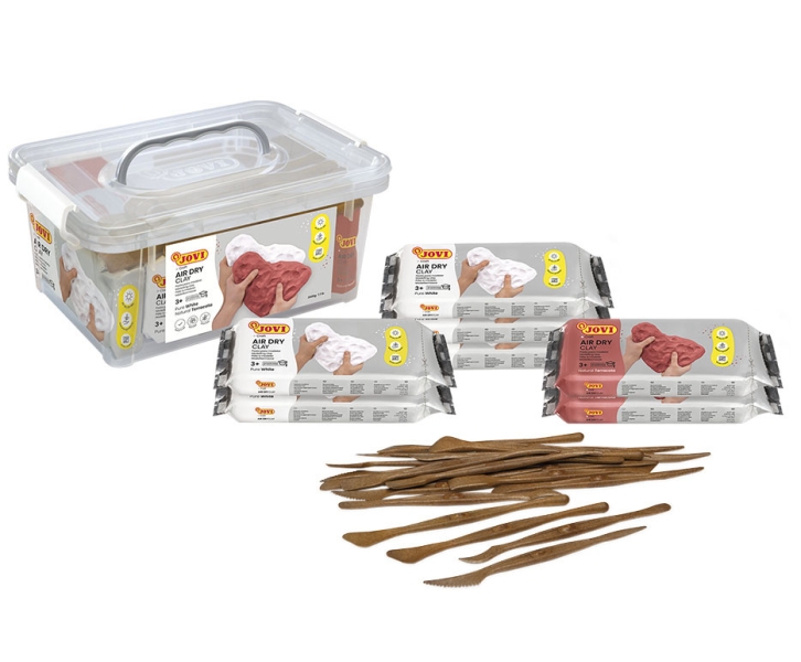 Jovi Air Dry Pack con 7 Paquetes de Pasta para Modelar de 500gr cada Uno + 20 Espatulas - Secado al Aire - Facil de Moldear - Acabado Fino y Suave - Colores Surtidos