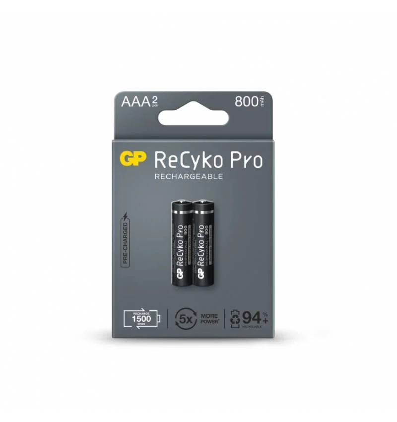 GP ReCyko Pro Pack de 2 Pilas Recargables 800mAh AAA 1.2V - Precargadas - Ciclo de Vida: Hasta 1.500 Veces