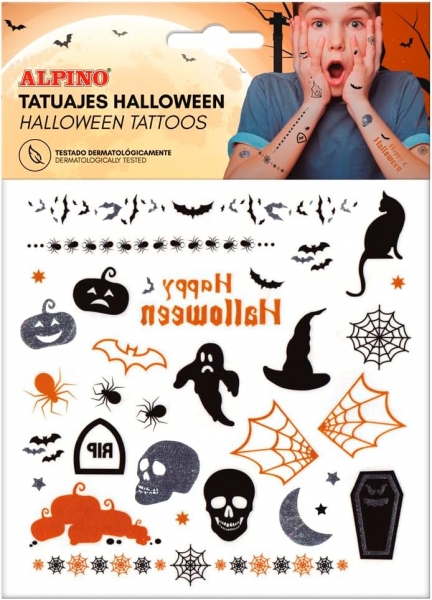 Alpino Pack de Tatuajes Halloween - Diseños Terrorificos - Colores Plata, Negro y Naranja