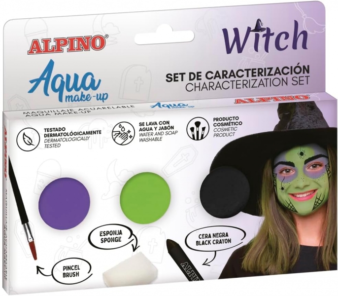 Alpino Aqua Make Up Set de Caracterizacion de Bruja - 3 Polveras + Cera Negra + Pincel + Esponja