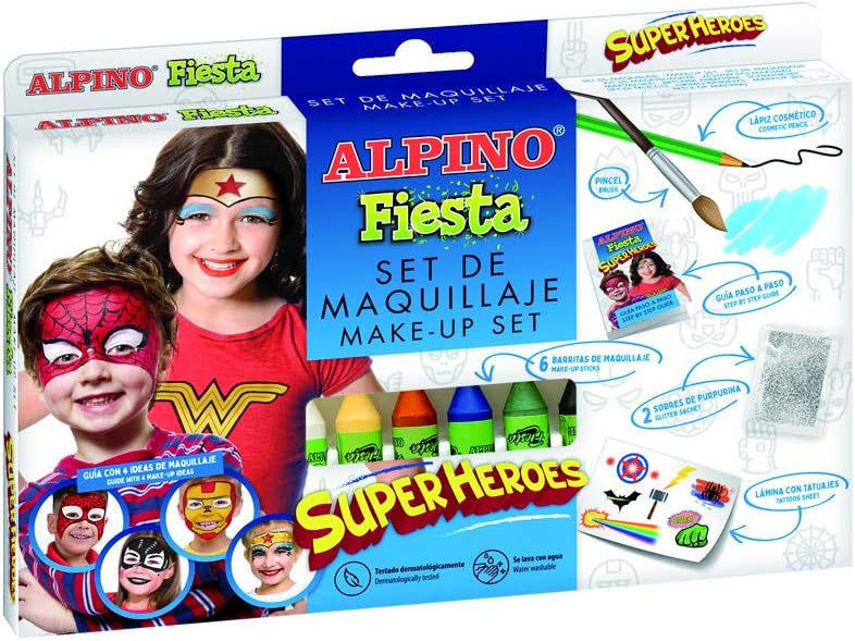 Alpino Fiesta Superheroes Pack de Maquillaje con 6 Barritas de Pintura Facial + Pincel + Tatuajes en Calcomania + Lapiz Perfilador y 2 Sobres de Purpurina - Se Lava con Agua - Testado Dermatologicamente