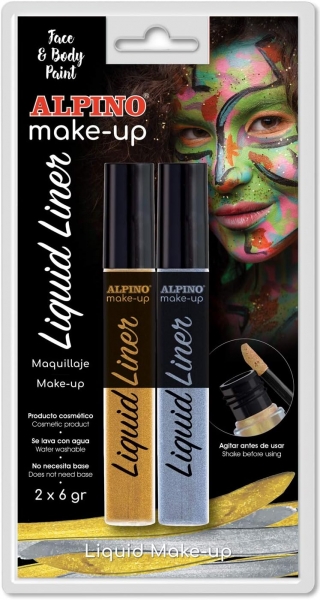 Alpino Make-up Liquid Liner Pack con 2 Botes de Maquillaje Liquido con Aplicador - Se Lava con Agua - Testado Dermatologicamente - Colores Oro y Plata