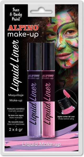 Alpino Make-up Liquid Liner Pack con 2 Botes de Maquillaje Liquido con Aplicador - Se Lava con Agua - Testado Dermatologicamente - Colores Rosa y Lila