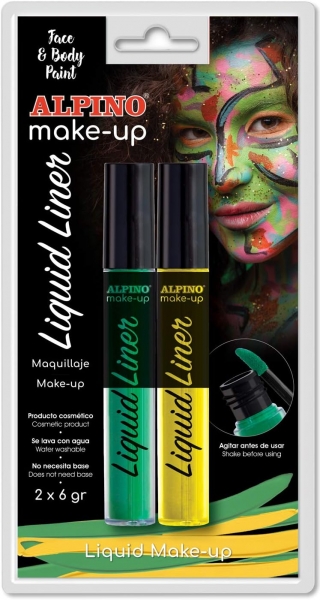 Alpino Make-up Liquid Liner Pack con 2 Botes de Maquillaje Liquido con Aplicador - Se Lava con Agua - Testado Dermatologicamente - Colores Amarillo y Verde