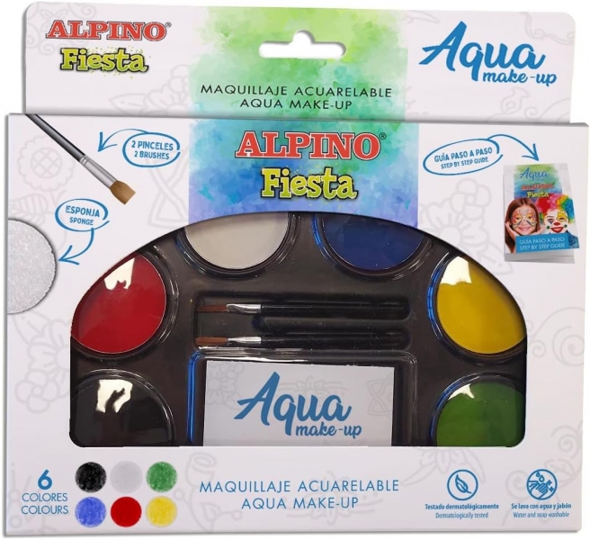 Alpino Fiesta Aqua Make-up Pack con Paleta de Maquillaje Acuarelable con 6 Colores + 2 Pinceles + Esponja y Guia de Uso - Se Lava con Agua y Jabon - Colores Surtidos