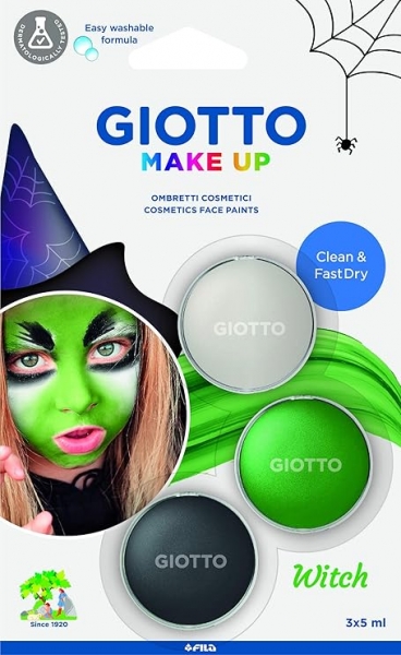 Giotto Make Up Witch Pack con 3 Maquillajes Faciales de Tematica Bruja - Se Lava con Agua - Dermatologicamente Testado - Colores Surtidos