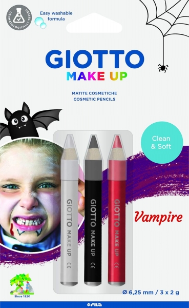 Giotto Make Up Vampire Pack con 3 Lapices Cosmeticos de Tematica Vampiro - Se Lava con Agua - Dermatologicamente Testado - Colores Surtidos