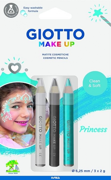 Giotto Make Up Princess Pack con 3 Lapices Cosmeticos de Tematica Princesa - Se Lava con Agua - Dermatologicamente Testado - Colores Surtidos
