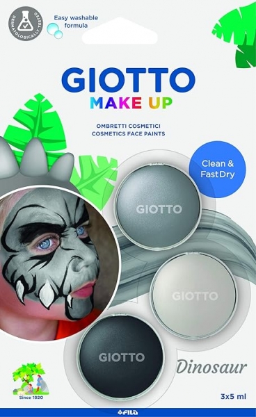 Giotto Make Up Dinosaur Pack con 3 Maquillajes Faciales de Tematica Dinosaurio - Se Lava con Agua - Dermatologicamente Testado - Colores Surtidos