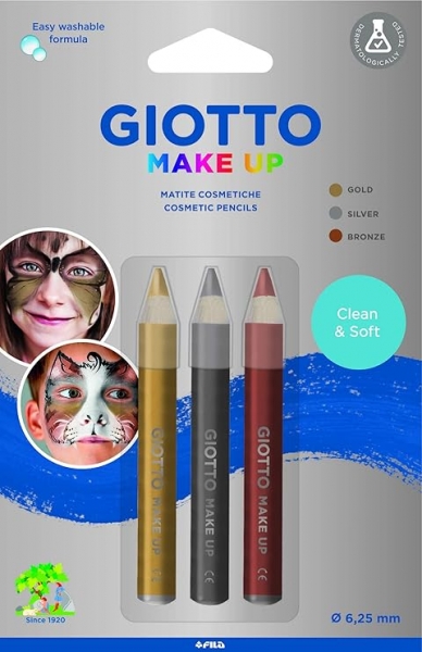 Giotto Make Up Metallic Pack con 3 Lapices Cosmeticos - Se Lava con Agua - Dermatologicamente Testado - Colores Metalicos Surtidos