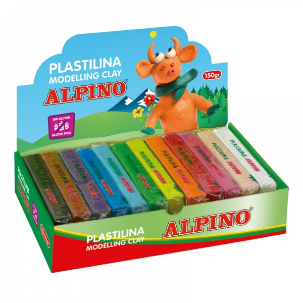 Alpino Expositor de 12 Pastillas de Plastilina 150gr - Muy Flexible - Pueden Mezclarse - Sin Gluten - Colores Surtidos