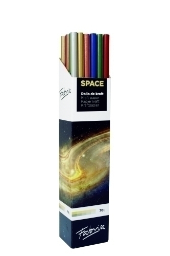 Fabrisa Space 6C Expositor de 30 Rollos de Papel Regalo - Papel Kraft Verjurado de 70gr - Medidas del Rollo 1x3m - Colores Metalizados Surtidos