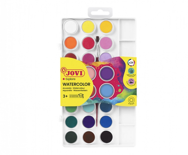 Jovi Pack de 24 Acuarelas en Pastilla + Pincel - Brillantes - Facilmente Mezclables - Colores Surtidos