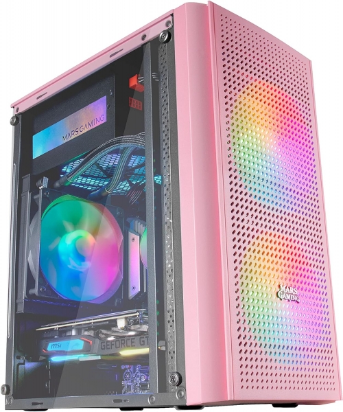 Mars Gaming MC300 Caja Gaming Compacta - Ventana Cristal Templado - 3 Ventiladores FRGB - Rejilla Frontal TOTAL-MESH - Soporte Micro-ATX/Mini-ITX - Iluminacion RGB - Color Rosa