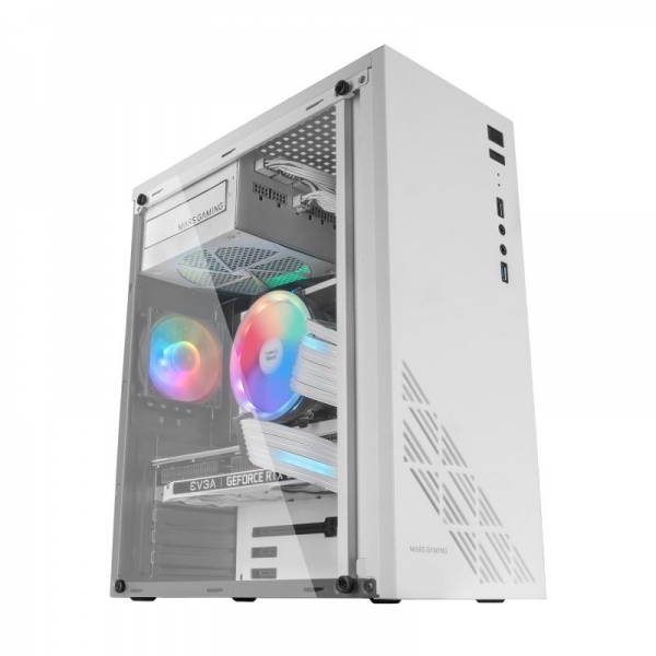 Mars Gaming MC100 Semitorre Gaming - Acero Ultra-ligero - Refrigeracion Avanzada CONVECT-COOL - Iluminacion Fixed RGB - Soporte Placas ATX/microATX/mini-ITX - Color Blanco