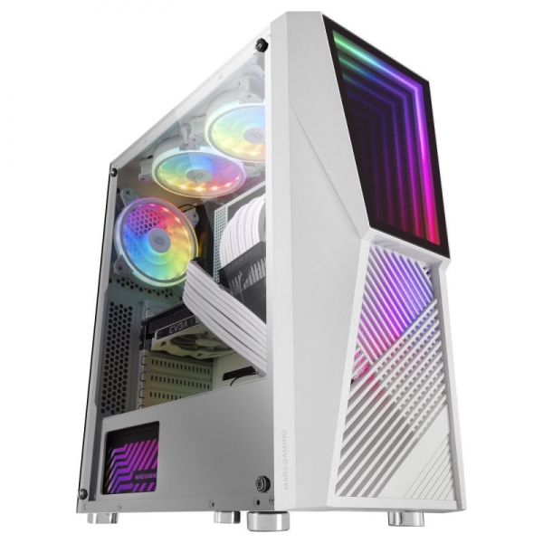 Mars Gaming MC777 Semitorre Gaming Premium - Espejo Infinito ARGB - 17 Modos de Luz - Refrigeracion Avanzada con 2 Ventiladores - Gran Capacidad Interna - Color Blanco