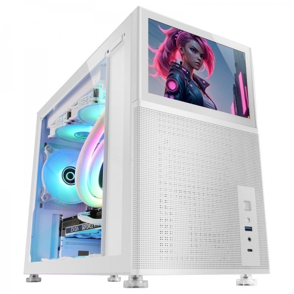 Mars Gaming MC-LCD Caja PC Gaming - Pantalla LCD IPS 8" - Soporte Refrigeracion Liquida - Conectividad USB-C y USB 3.0 - Espacio Expansion Amplio - Color Blanco