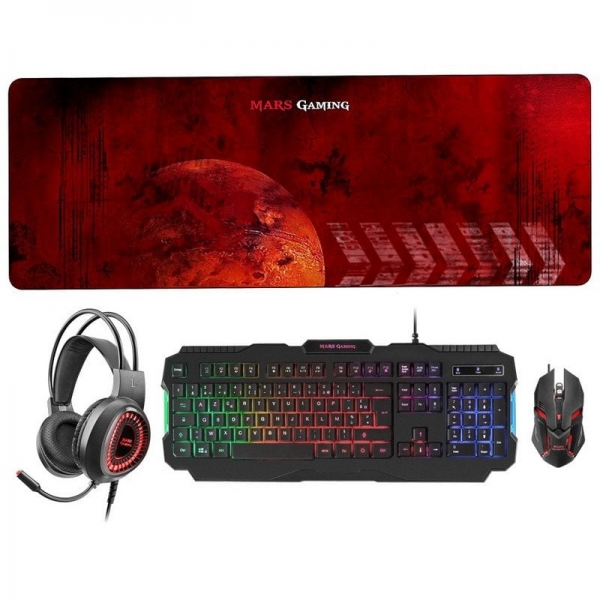 Mars Gaming MCPRGB2 Combo Gaming - Teclado RGB Rainbow - Raton 4000DPI RGB Flow - Auriculares RGB Flow - Alfombrilla XXL - Maxima compatibilidad - Color Varios