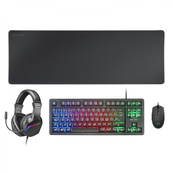 Mars Gaming MCP-RGB3 Combo Gaming 4en1 - Teclado TKL H-Mech - Raton RGB 3200 DPI - Auriculares FRGB con Cancelacion de Ruido - Alfombrilla XXL Antideslizante - Color Negro