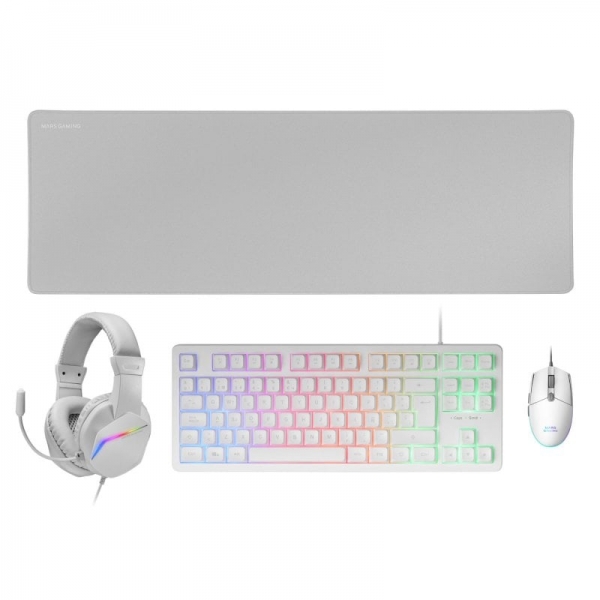 Mars Gaming MCP-RGB3 Combo Gaming 4en1 - Teclado TKL H-Mech - Raton 3200 DPI RGB - Auriculares FRGB con Cancelacion de Ruido - Alfombrilla XXL Antideslizante - Color Blanco