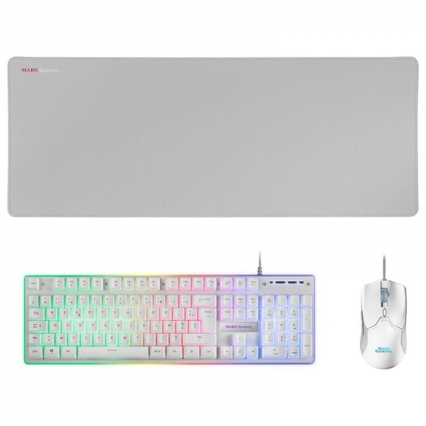 Mars Gaming MCPX Combo Gaming Premium - Teclado H-MECH - Raton 10K DPI - Alfombrilla XXL - Iluminacion FRGB - Multiplataforma - Color Blanco