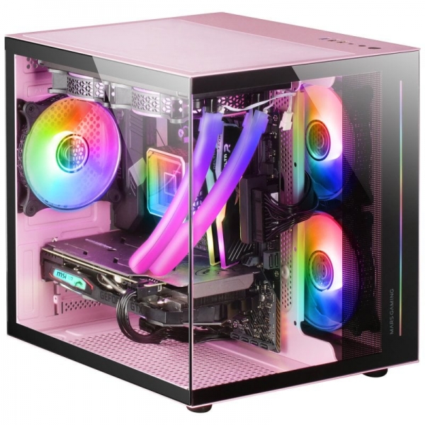 Mars Gaming MC-VIEW Minitorre Gaming Custom Premium - Cristal Templado - Estructura Modular - Soporte 7 Ventiladores - Compatible MicroATX/Mini-ITX - Color Rosa