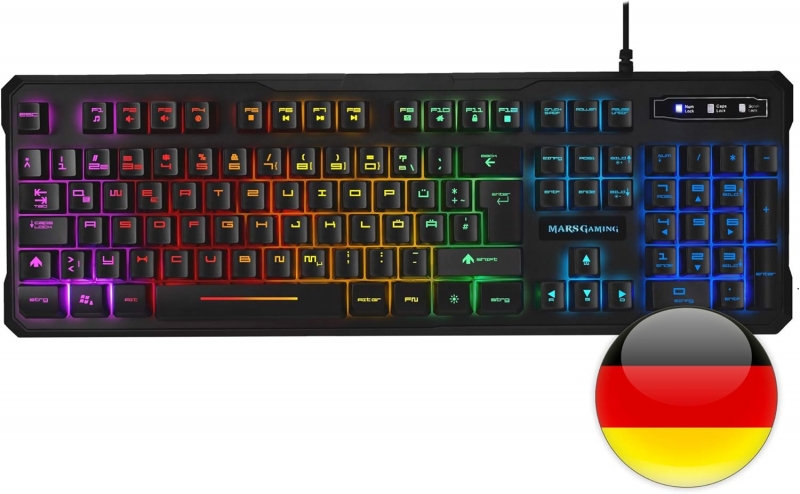 Mars Gaming MK218 Teclado Gaming - Retroiluminacion RGB 9 Efectos - Tecnologia H-MECH - Antighosting Completo - Compatible con Windows, Mac, Linux y Consolas - Aleman - Color Negro