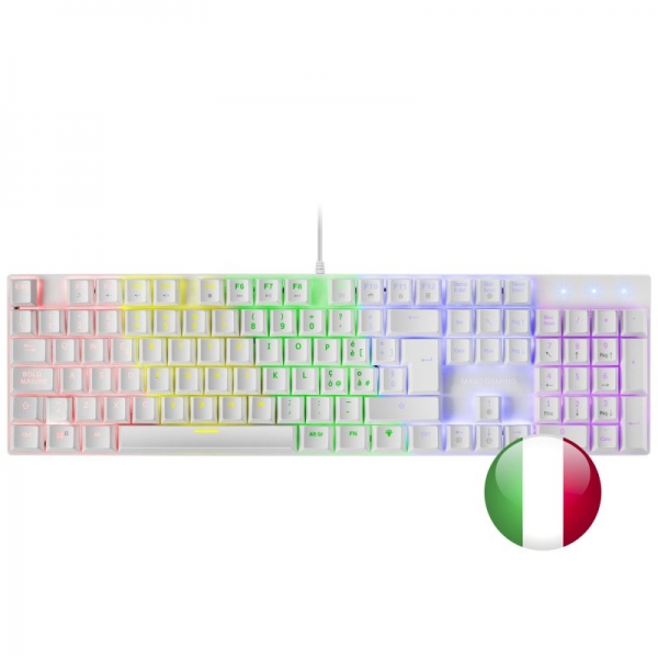 Mars Gaming MK422 Teclado Gaming Mecanico - Iluminacion RGB 12 Modos - Teclas Imborrables - Switches Antipolvo - Funciones Multimedia - Multiplataforma - Italiano - Color Blanco