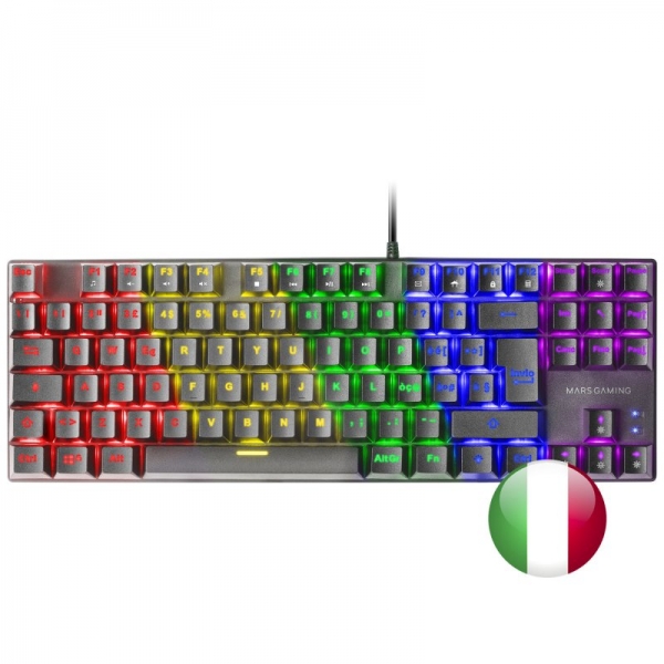 Mars Gaming MK80 Teclado Gaming Mecanico - TKL Compacto - Iluminacion RGB - Teclas Imborrables - Switches Antipolvo - Multiplataforma - Modo Juego - Anti-Ghosting Avanzado - Italiano - Color Negro