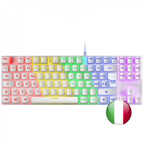 Mars Gaming MK80 Teclado Gaming Mecanico - TKL Compacto - Iluminacion RGB - Teclas Imborrables - Switches Antipolvo - Multiplataforma - Anti-Ghosting Avanzado - Italiano - Color Blanco