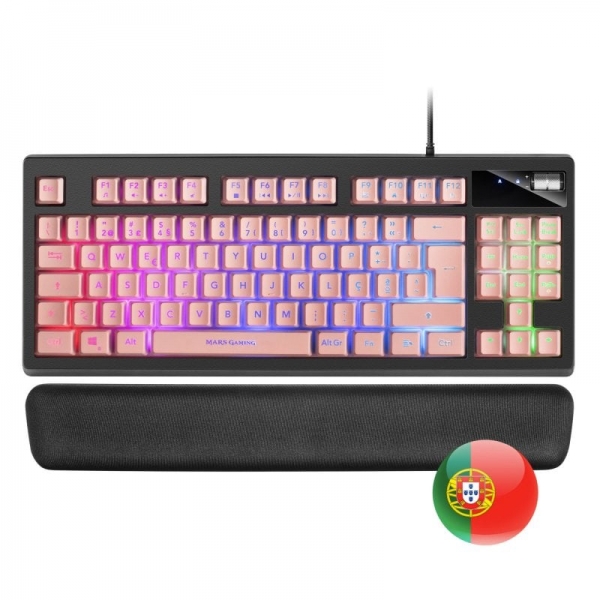 Mars Gaming MKAX Teclado Gaming - Iluminacion RGB 9 Efectos - Diseño Compacto TKL - Tecnologia H-Mech - Control de Volumen Roller - Reposamuñecas Memory Gel - Portugues - Color Negro