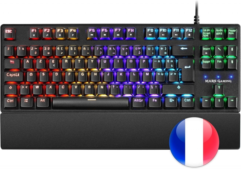 Mars Gaming MKXTKL Teclado Mecanico - Switches OUTEMU SQ - RGB 5 Colores - Diseño TKL Compacto - Reposamuñecas Ergonomico - Antighosting Total - Frances - Color Negro