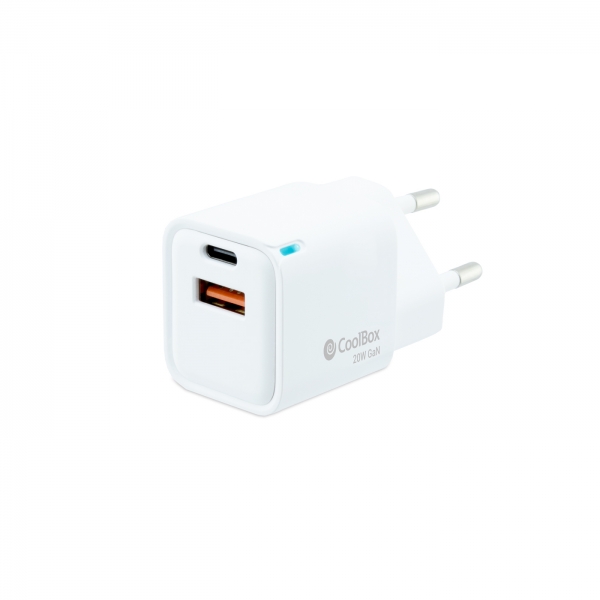 Coolbox Cargador de Pared 20W QC3.0 + PD - USB-A + USB-C - Carga Rapida - Tecnología GaN - Color Blanco