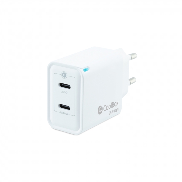 Coolbox Cargador de Pared 35W QC3.0 + PD - 2xUSB-C - Carga Rapida - Tecnología GaN - Color Blanco